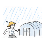 雨の中ハウスへ急ぐ農家のイラスト
